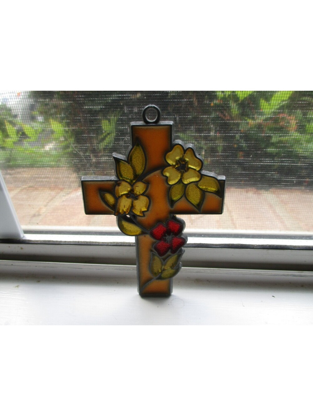 Vintage Stained Glass Cross Wall Hanging Suncatcher Floral Dogwood Metal Frame